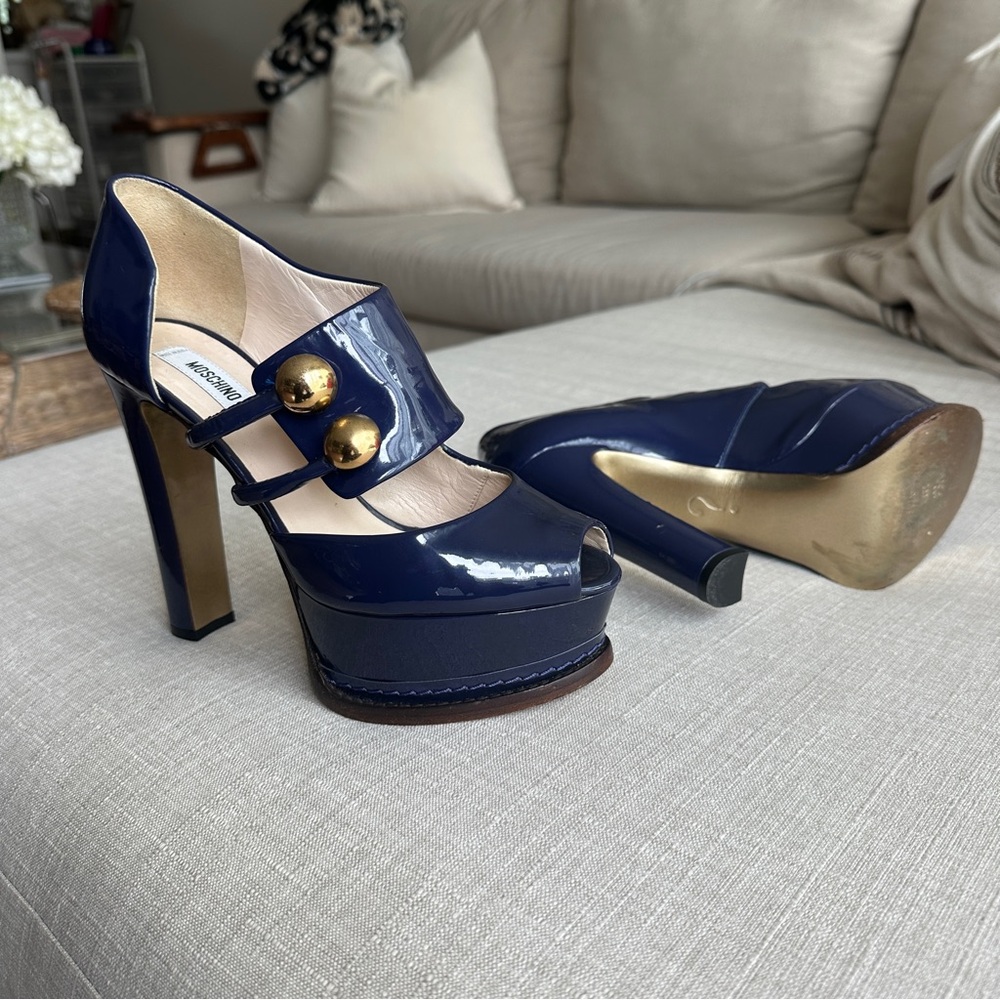 Moschino Blue Patent Leather Platform Heels, Size 37.5 EU. Gently Loved